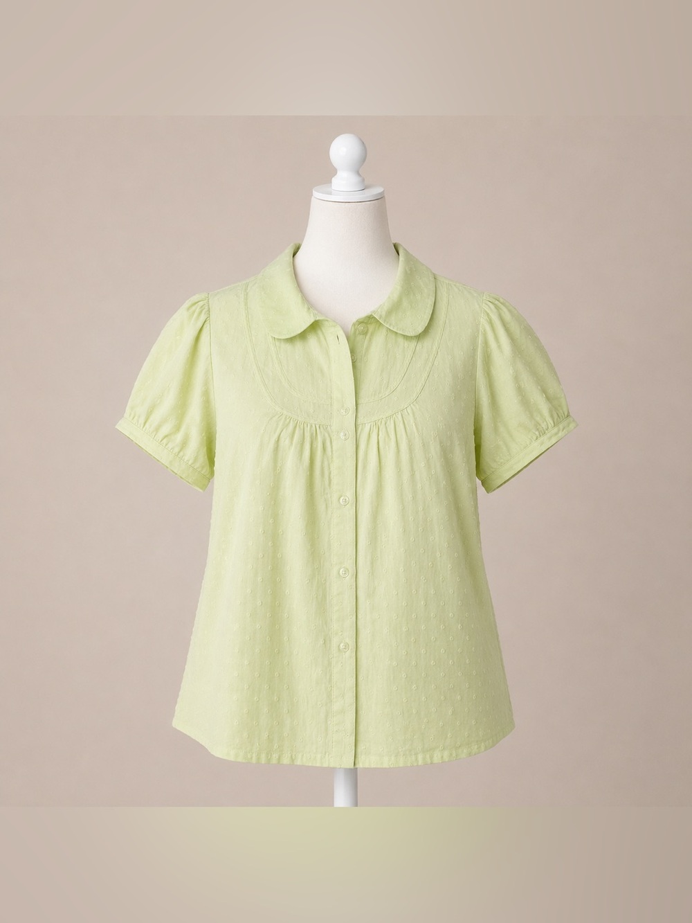 IZOD Woman 1X Lime Swiss Dot Button Front Puff Sleeve Blouse